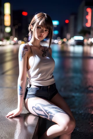 Top quality, masterpiece, 8K, beautiful woman, Japanese woman, expressionless, whole body, ((tattoo)), black slacks, white tank top, female mafia, cyberpunk city, night,ellafreya,Mitan,yuna \(ff10\),heterochromia,green eyes,blue eyes,kabashimahikari,airi_kijima