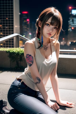 Top quality, masterpiece, 8K, beautiful woman, Japanese woman, expressionless, whole body, ((tattoo)), black slacks, white tank top, female mafia, cyberpunk city, night,ellafreya,Mitan,yuna \(ff10\),heterochromia,green eyes,blue eyes,kabashimahikari,airi_kijima