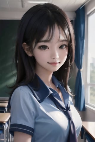 best quality, high quality, ultra quality, 8k, masterpiece, detailed, extremely detailed, insanely detailed, ultra detailed, ultra highres ,exquisite, lifelike Images,cinematic experience,UHD picture,Realistic,photorealistic,hyperrealistic,vivid,RAW photo,shot by DSLR, 
one girl, upper body,half smile, seductive, classroom,school uniform