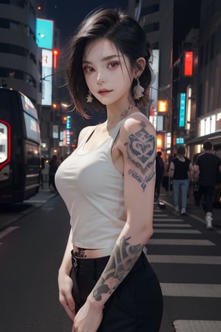 Top quality, masterpiece, 8K, beautiful woman, Japanese woman, expressionless, whole body, ((tattoo)), black slacks, white tank top, female mafia, cyberpunk city, night,ellafreya,Mitan