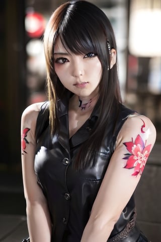 Finest, masterpiece, 8K, beauty, Japanese woman, angry,((tattoo)), black leather pants, black leather vest, female mafia, cyberpunk city, night,ftifa, ,TifaFF7,a photo of a japanese woman named hatano