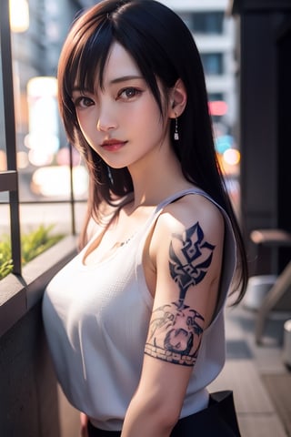 Top quality, masterpiece, 8K, beautiful woman, Japanese woman, expressionless, whole body, ((tattoo)), black slacks, white tank top, female mafia, cyberpunk city, night,ellafreya,Mitan,yuna \(ff10\),heterochromia,green eyes,blue eyes,kabashimahikari,airi_kijima,ftifa