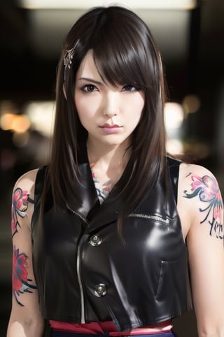 Finest, masterpiece, 8K, beauty, Japanese woman, angry,((tattoo)), black leather pants, black leather vest, female mafia, cyberpunk city, night,ftifa, ,TifaFF7,a photo of a japanese woman named hatano,1girl,yuna \(ff10\),hair ornament,grey_kimono,tifa lockhart