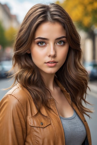 image, generates an image of a 20-year-old brunette woman, brown hair, big eyes, honey color, full body view, camera focus, defined features, image inspired by an action heroine, realistic, detailed 8k