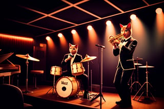 Three cats in tux's are playing in a jazz bar playing the saxophone. One on sax, drums, and piano. Dimly lit, spot lights on the stage. Cinematic film still, film grain, vignette, best quality, atmospheric