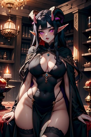 Rasha is an female elf with demon blood, beautiful,wicked,black cloak,goat ears, violet eyes, black hair,ram like horns,wide hips,witch,skimpy robes, futanari 