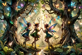 A fantastical forest scene, extreme close up shot, full body shot, show several whimsical fairies dancing, both male and female in the tall grass , the roots of a great old tree are seen nearby, dimly lit, but rays of sunlight brighten up the scene, faerie lights of different colors dance in the air