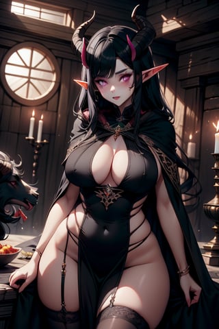 Rasha is an female elf with demon blood, beautiful,wicked,black cloak,goat ears, violet eyes, black hair,ram like horns,wide hips,witch,skimpy robes,