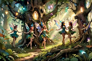 A fantastical forest scene, close up shot, full body shot, show several whimsical fairies dancing, both male and female in the tall grass , the roots of a great old tree are seen nearby, dimly lit, but rays of sunlight brighten up the scene, faerie lights of different colors dance in the air