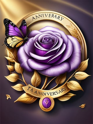 Masterpiece, realistic. Purple Rose, Butterfly, High quality. Gold Badge. With text: (((TA Anniversary)))