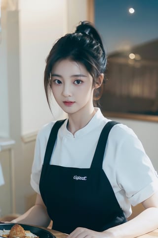 (One Person), (Masterpiece, Best Quality), (A Gorgeous 25 Years Old British Female Chef:1.4), (Holding a plate of a Whole Fried Turkey:1.4), (Ponytail Black Hair:1.6), (Pale Skin:1.4), (Cheerful Looking:1.4), (Detailed Shiny and Sweaty Skin:1.2), (Wearing White Chef Apron:1.4),(Dimly Lit Dining Room at Night:1.6), Centered, (Half Body Shot:1.4), From Front Shot, Insane Details, Intricate Face Detail, Intricate Hand Details, Cinematic Shot and Lighting, Realistic and Vibrant Colors, Masterpiece, Sharp Focus, Highly Detailed, Taken with DSLR camera, Depth of Field, Realistic Environment and Scene, Master Composition and Cinematography,dedek_emes