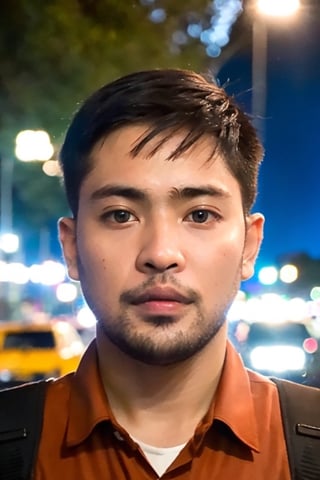 Portrait photo of muscular bearded guy in a worn mech suit, ((light bokeh)), intricate, (steel metal [rust]), elegant, sharp focus, photo by greg rutkowski, soft lighting, vibrant colors, (masterpiece), ((streets)), (detailed face:1.2), (glowing blue eyes:1.1),febr1