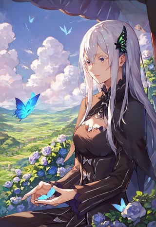 score_9, score_8_up, score_7_up, source_anime, 1girl, mature female, solo, echidna, echidna from re: zero, white hair, butterfly on hand, glowing butterfly, blue theme, detailed background, countryside,