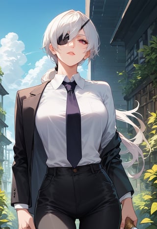 score_9, score_8_up, score_7_up, source_anime, solo, 1girl, csmquanxi, white hair, eyepatch, ponytail, ponytail, looking at viewer, white shirt, black suit, white shirt, necktie, posing, black pants, detailed background, outdoors, concept art, Expressiveh, katana, sword, 