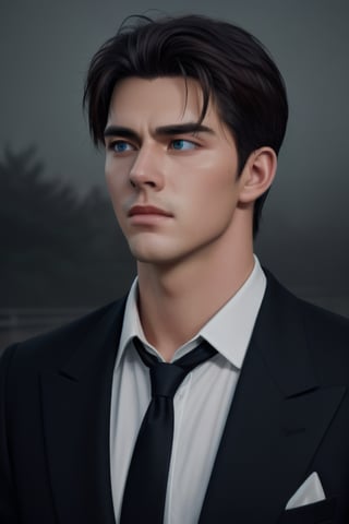 handsome, dark hair, dark blue eyes, 26 years old, male, stoic, strong, foggy rainy weather town setting, formal attire, content mood, realistic, photorealism