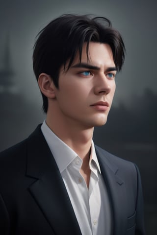 handsome, dark hair, dark blue eyes, 26 years old, male, stoic, strong, foggy rainy weather town setting, formal attire, content mood, realistic, photorealism