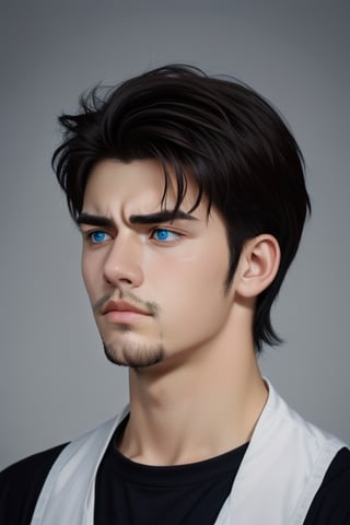 handsome, dark hair, dark blue eyes, 18 years old, male, stoic, strong, sad, facial hair goatee