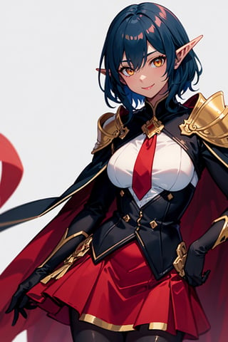 female_solo, short hair, golden eyes, dark skin, just the uniform, happy,red skirt, black cape, white shirt, red tie, similing,, make her smile, dark elf, elf_ears, elven_ears, red tie
,byleth,dark skin,, average height