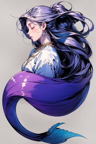 1girl, solo, long hair, simple background, jewelry, very long hair, full body, closed eyes, purple hair, earrings, grey background, profile, floating hair, watermark, own hands together, monster girl, mermaid