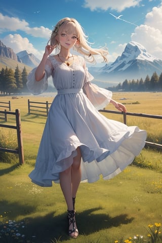 {masterpiece},{best quality},{1girl},Amazing,beautiful detailed eyes,solo,finely detail,Depth of field,extremely detailed CG,original, extremely detailed wallpaper,{{highly detailed skin}},{{messy_hair}},{small_breasts},{{longuette},{grassland},{yellow eyes},full body, incredibly_absurdres,{gold hair}.lace,floating hair,Large number of environments,the medieval ,grace,A girl leaned her hands against the fence,ultra-detailed,illustration, birds,Altocumulus,8kwallpaper,hair_hoop,long_hair,gem necklace,hair_ornament,prospect,water eyes,wind,breeze,god ray,lawn,Mountains and lakes in the distance,The skirt sways with the wind,The sun shines through the trees,A vast expanse of grassland,fence,Blue sky,bloom,smile,glow,The grass sways in the wind