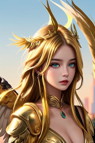 Xiuhcoatl, 1 girl, detailed face and eyes, golden hair, golden eye, 2 golden feathers wings on back, 1 golden tail, Brazilian style