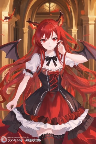 Samael, demon girl, 1 girl, detailed face and eyes, red hair, (((very long red hair))), red eyes, (((red eyes))), wolf ears, red dragon wings, black stockings, red dress, (((red lolita dress))), visual novel cg, in a dungeon background, epic fantasty art, queen of hell, carmilla vampire, cerberus, infernal art in good quality, shadowverse style, ruler of inferno, gehenna, giesha demon, isekai manga panel