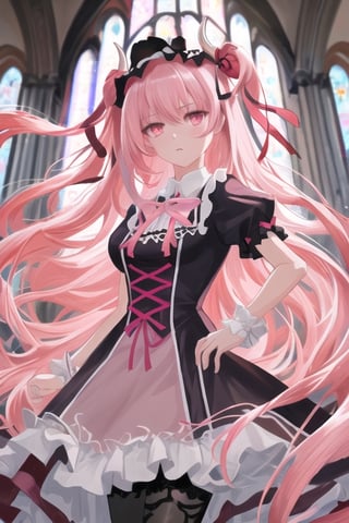 Asmodeus, demon girl, 1 girl, detailed face and eyes, pink hair, (((very long pink hair))), pink horns, pink feathers wings, black stockings, pink dress, (((very long pink lolita dress))), scorpion tail, visual novel cg, in a ruined church background, epic fantasty art, queen of hell, carmilla vampire, cerberus, infernal art in good quality, shadowverse style, ruler of inferno, gehenna, giesha demon, isekai manga panel