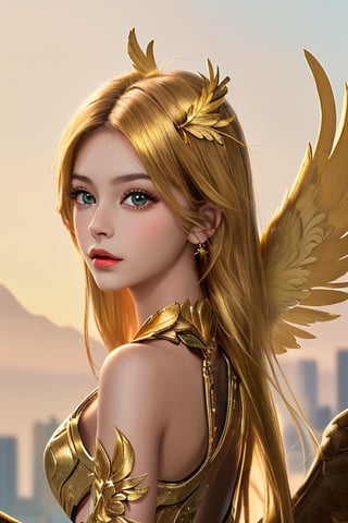 Xiuhcoatl, 1 girl, detailed face and eyes, golden hair, golden eye, 2 golden feathers wings on back, 1 golden tail, Brazilian style