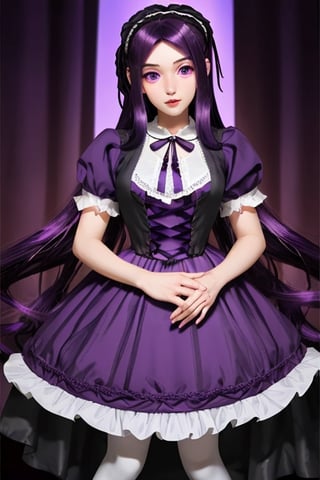 Yog-Sothoth, 1 girl,  purple hair, (((very long dark purple hair))), ruriiro eyes, lolita dress, (((purple lolita dress))), white stockings, purple shoes, lights ball around, visual novel cg, in a area full of pale purple light background, epic fantasty art, queen of god, cerberus, infernal art in good quality, shadowverse style, ruler of inferno, gehenna, isekai manga panel