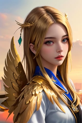 Xiuhcoatl, 1 girl, detailed face and eyes, golden hair, golden eye, 2 golden feathers wings on back, 1 golden tail, Brazilian style