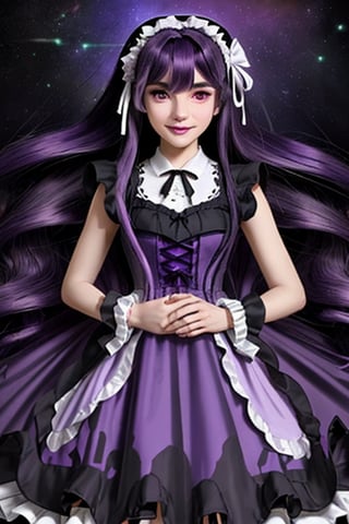 Yog-Sothoth, 1 girl,  purple hair, (((very long dark purple hair))), ruriiro eyes, lolita dress, (((purple lolita dress))), white stockings, purple shoes, lights ball around, smile, visual novel cg, in a space background, epic fantasty art, princess of god, cerberus, infernal art in good quality, shadowverse style, ruler of inferno, gehenna, isekai manga panel