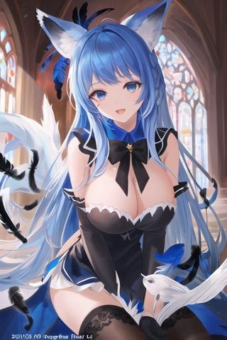 Mammon, dark angel girl, 1 girl, detailed face and eyes, very long blue hair, (((blue hair))), blue eyes, fox ears, (((big fox ears))), feathers wing, (((black feathers wings))), fox tail, blue lolita dress, black stockings, visual novel cg, in a ruined church background, epic fantasty art, queen of hell, carmilla vampire, cerberus, infernal art in good quality, shadowverse style, ruler of inferno, gehenna, giesha demon, isekai manga panel