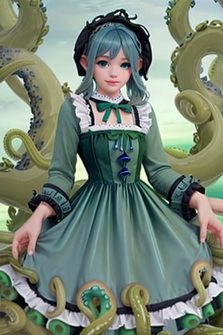 Cthulhu, octopus girl, 1girl, blue hair, (((blue hair))), green eyes, green lolita dress, (((green lolita dress))), green tentacles, (((green tentacles))), visual novel cg, in a ocean background, epic art, queen of mare, karen octopus, infernal art in good quality, shadowverse style, ruler of ocean, profound, great old ones, isekai manga panel