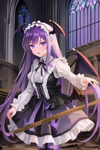 Lucifer, dark angel girl, 1 girl, detailed face and eyes, purple hair, (((very long purple hair))), bat wings, (((black bat wings))), purple dress, (((purple lolita dress))), black stockings, visual novel cg, in a ruined church background, epic fantasty art, queen of hell, carmilla vampire, cerberus, infernal art in good quality, shadowverse style, ruler of inferno, gehenna, giesha demon, isekai manga panel