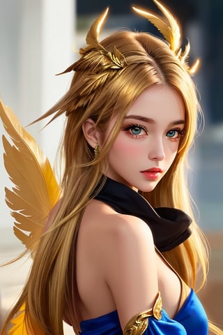 Xiuhcoatl, 1 girl, detailed face and eyes, golden hair, golden eye, 2 golden feathers wings on back, 1 golden tail, Brazilian style