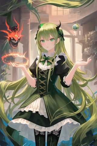 Beelzebub, demon girl, 1 girl, detailed face and eyes, green hair, (((very long green hair))), green fairy wings, black stockings, green dress, (((green lolita dress))), visual novel cg, in a swamp background, epic fantasty art, queen of hell, carmilla vampire, cerberus, infernal art in good quality, shadowverse style, ruler of disease, gehenna, giesha demon, isekai manga panel