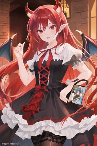 Samael, demon girl, 1 girl, detailed face and eyes, red hair, (((very long red hair))), red eyes, (((red eyes))), wolf ears, red dragon wings, black stockings, red dress, (((red lolita dress))), visual novel cg, in a dungeon background, epic fantasty art, queen of hell, carmilla vampire, cerberus, infernal art in good quality, shadowverse style, ruler of inferno, gehenna, giesha demon, isekai manga panel