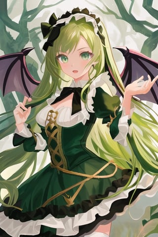 Beelzebub, demon girl, 1 girl, detailed face and eyes, green hair, (((very long green hair))), green fairy wings, black stockings, green dress, (((green lolita dress))), visual novel cg, in a swamp background, epic fantasty art, queen of hell, carmilla vampire, cerberus, infernal art in good quality, shadowverse style, ruler of disease, gehenna, giesha demon, isekai manga panel