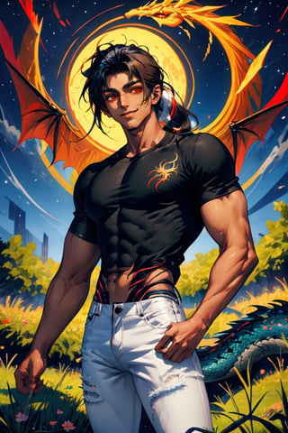 
Highly detailed.High Quality.Masterpiece. Beaitiful (médium long shot).

Young man of 25 years old, light brown skin, tall and with a great physique (muscular but not excessively so), with an appearance similar to that of Tohru (if he were a man). He has medium sized black hair (not too long nor too short) tied up in a ponytail (not that long but noticeable) most of the time, messy bangs with an orange gradient with red tips on her side strands. It has large, slightly slanted, orange-red eyes. He wears a completely black t-shirt (with some white dragon-shaped symbols), accompanied by long blue pants (jeans). He is alone, but with a happy smile on his face enjoying a beautiful full moon night in a green field (with some animals) far from civilization.