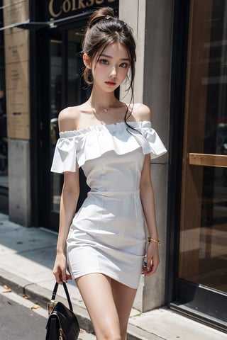 girl, off shoulder dress