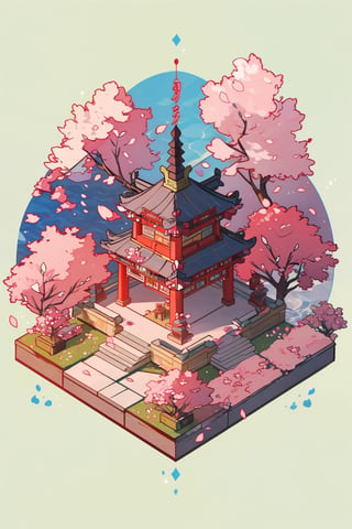 pagoda, garden, architecture, isometric, water, cherry blossoms, mountains, chinese, ancient, trees