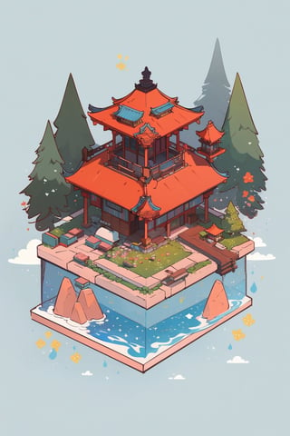 pagoda with a garden in the mountains, architecture, isometric, water, ancient, trees, isometric