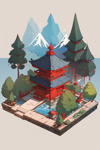 pagoda, garden, architecture, isometric, water, mountains, chinese, ancient, trees