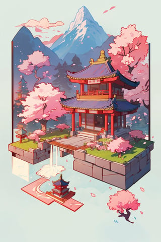 pagoda, garden, architecture, isometric, water, cherry blossoms, mountains, chinese, ancient, trees