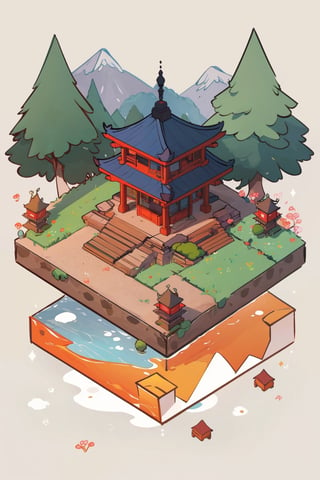 pagoda, mountains, garden, architecture, isometric, water, ancient, trees, isometric