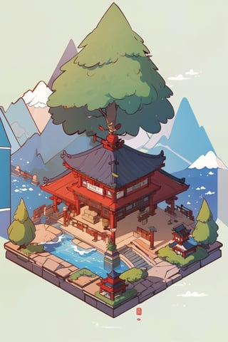 pagoda, mountains, garden, architecture, isometric, water, chinese, ancient, trees, isometric