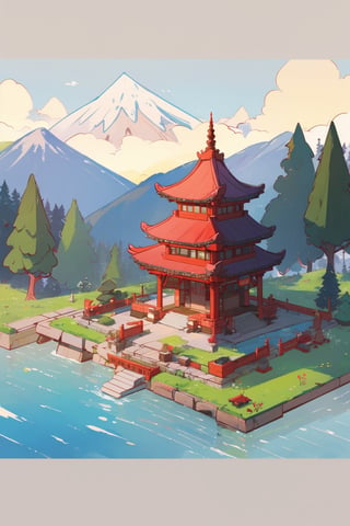 pagoda, mountains, garden, architecture, isometric, water, ancient, trees, isometric