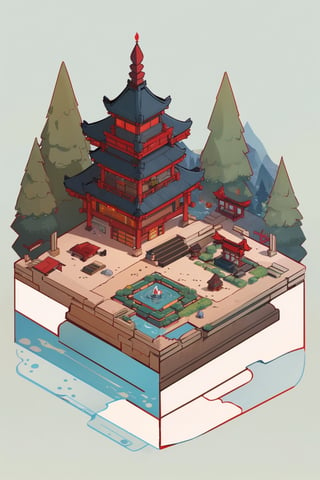 pagoda, garden, architecture, isometric, water, mountains, chinese, ancient, trees