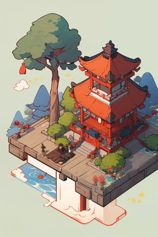 pagoda, garden, architecture, isometric, water, chinese, ancient, trees, japanese, korean, isometric