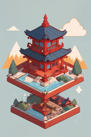 pagoda, garden, architecture, isometric, water, mountains, chinese, ancient, trees